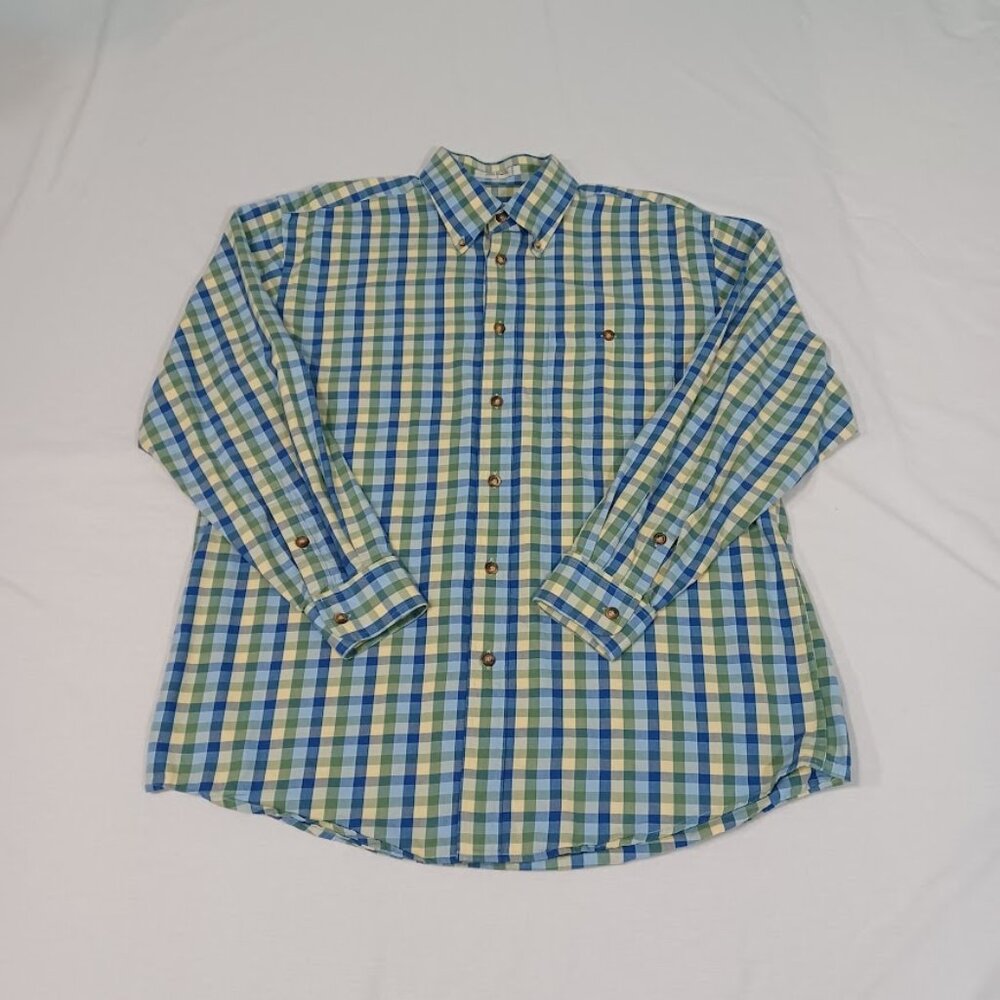 Orvis Shirt Mens Blue Yellow Green Size Large Check Plaid Button Up Long Sleeve